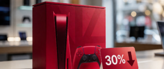 Игровая консоль и джойстики рядом с ценником со скидкой 30 % на фоне витрины магазина