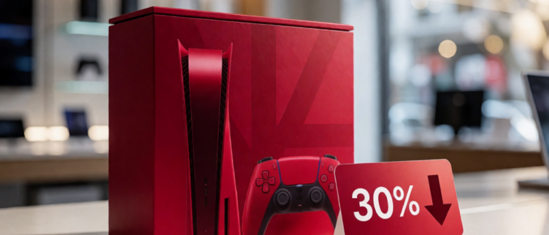 Игровая консоль и джойстики рядом с ценником со скидкой 30 % на фоне витрины магазина