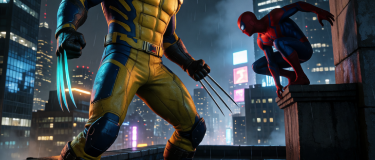 Сравнение Marvel's Wolverine и Marvel's Spider-Man на фоне ночного города