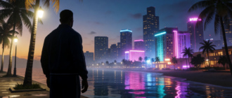 Стилизованный вечерний город в стиле GTA VI с неоновыми огнями и силуэтом персонажа на переднем плане