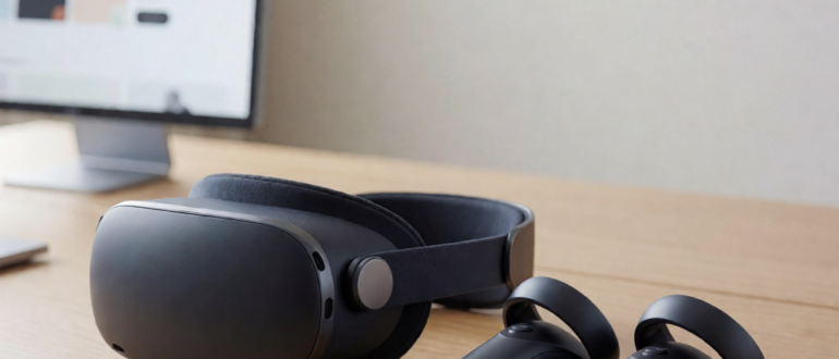 VR-гарнитура с контроллерами на столе рядом с открытой страницей предзаказа — иллюстрация к новости о старте предзаказов Steam Frame от $1 059